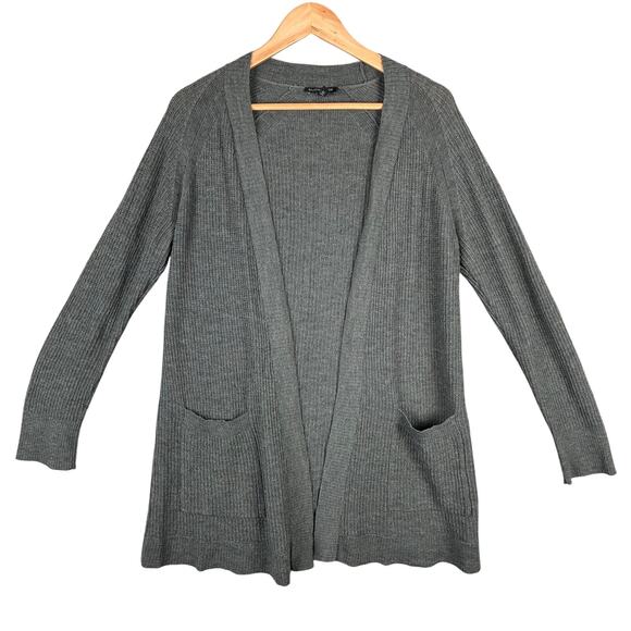 Eileen Fisher Cardigan M Gray Linen Blend Waffle Open Front Pockets Quiet Luxury - Picture 1 of 11